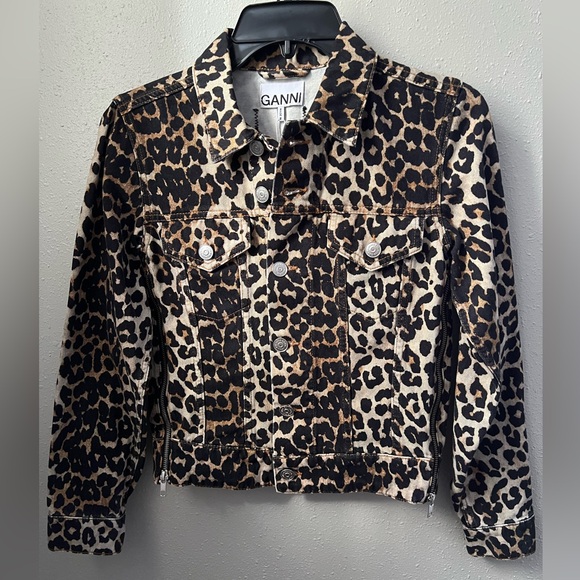 New Ganni Leopard Print Side Zip Denim Jacket Women's Size XXS - Picture 3 of 11